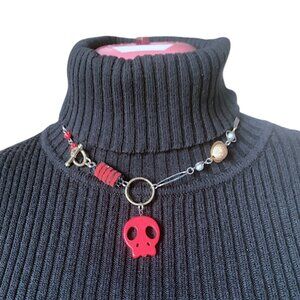 3x35$ 💀 Handmade - Skull short necklace - ruban bead  Red Black /silver gold